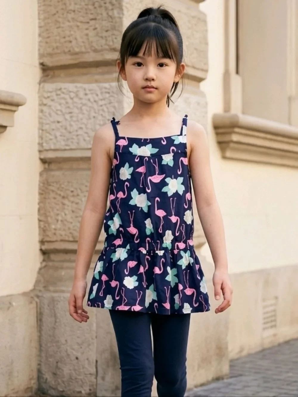 Carter's Pink Flamingo Sleeveless Tie Strap Navy Cotton Summer Blouse Henley Top